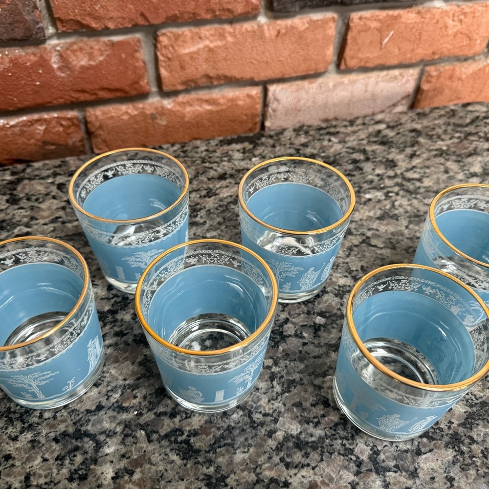 Set of 6 Vintage Hellenic Pattern Blue Highball Glasses with Gold Trim